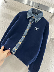 Denim Patchwork Collared Knit Cardigan