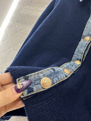 Denim Patchwork Collared Knit Cardigan