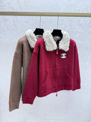 Color-blocked collared knit long-sleeved cardigan