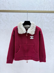 Color-blocked collared knit long-sleeved cardigan
