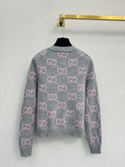Pink and gray color-blocked crew neck cardigan