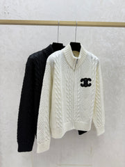 High-neck knitted long-sleeved cardigan