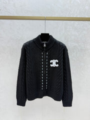 High-neck knitted long-sleeved cardigan
