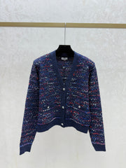 Color-blocked minimalist V-neck knit long-sleeved cardigan