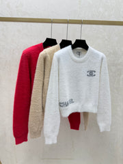 Color-blocked lettered crew neck knit long-sleeved sweater
