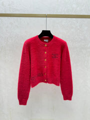 Color-blocked lettered crew neck knit long-sleeved cardigan