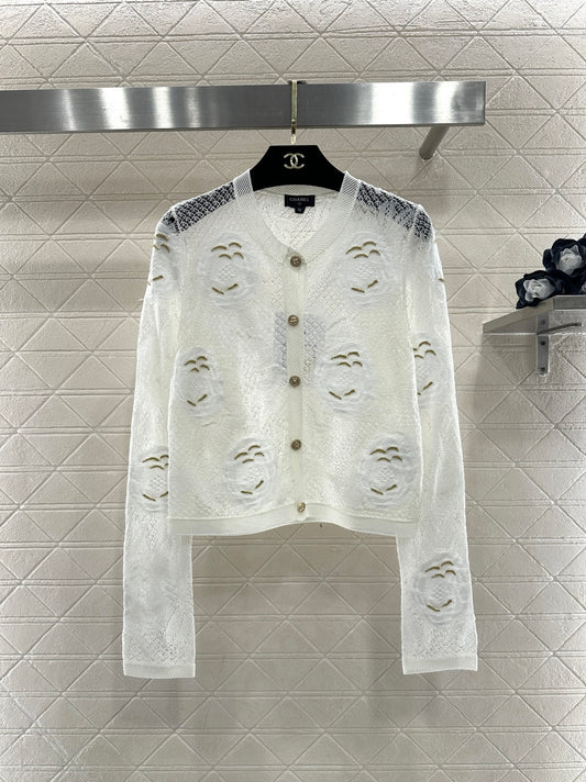 Three-dimensional openwork floral embroidered knitted cardigan