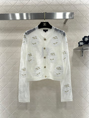 Three-dimensional openwork floral embroidered knitted cardigan