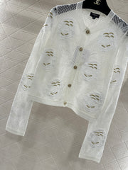 Three-dimensional openwork floral embroidered knitted cardigan