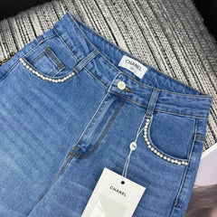 Straight-leg jeans with beaded pockets