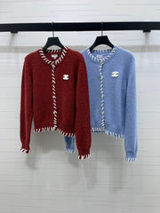 Color-blocked Crochet-edged Crew Neck Knit Cardigan