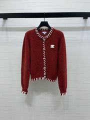 Color-blocked Crochet-edged Crew Neck Knit Cardigan