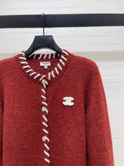 Color-blocked Crochet-edged Crew Neck Knit Cardigan