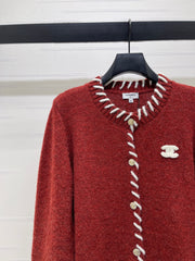 Color-blocked Crochet-edged Crew Neck Knit Cardigan