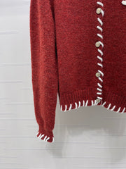 Color-blocked Crochet-edged Crew Neck Knit Cardigan