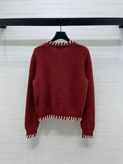 Color-blocked Crochet-edged Crew Neck Knit Cardigan