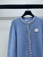 Color-blocked Crochet-edged Crew Neck Knit Cardigan