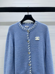 Color-blocked Crochet-edged Crew Neck Knit Cardigan