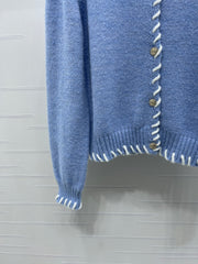 Color-blocked Crochet-edged Crew Neck Knit Cardigan