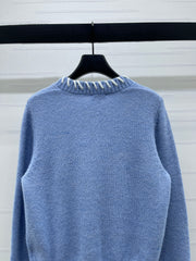 Color-blocked Crochet-edged Crew Neck Knit Cardigan