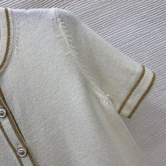 Gold-trimmed round neck short-sleeved knit cardigan