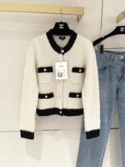 Color-blocked Crochet-edged Crew Neck Knit Cardigan