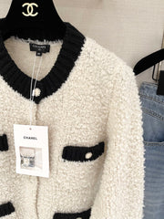 Color-blocked Crochet-edged Crew Neck Knit Cardigan