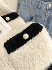 Color-blocked Crochet-edged Crew Neck Knit Cardigan