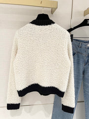 Color-blocked Crochet-edged Crew Neck Knit Cardigan