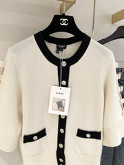 Bow-tie openwork cashmere cardigan with short sleeves