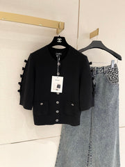 Bow-tie openwork cashmere cardigan with short sleeves
