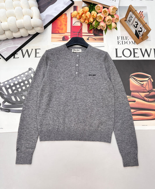 Three-Button Crew Neck Wool Knit Sweater