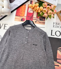 Three-Button Crew Neck Wool Knit Sweater