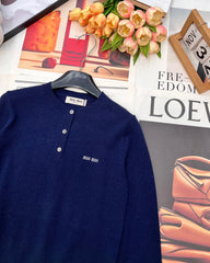 Three-Button Crew Neck Wool Knit Sweater