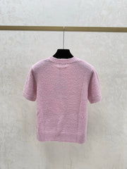Color-blocked lettered crew neck knit short-sleeved top