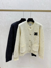 Color-blocked cardigan with gold and silver thread