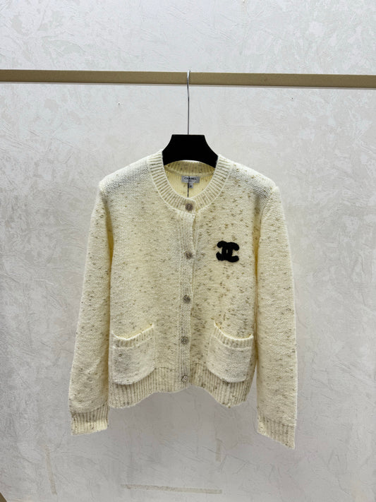 Color-blocked cardigan with gold and silver thread