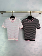 Color-blocked striped knit short-sleeved top
