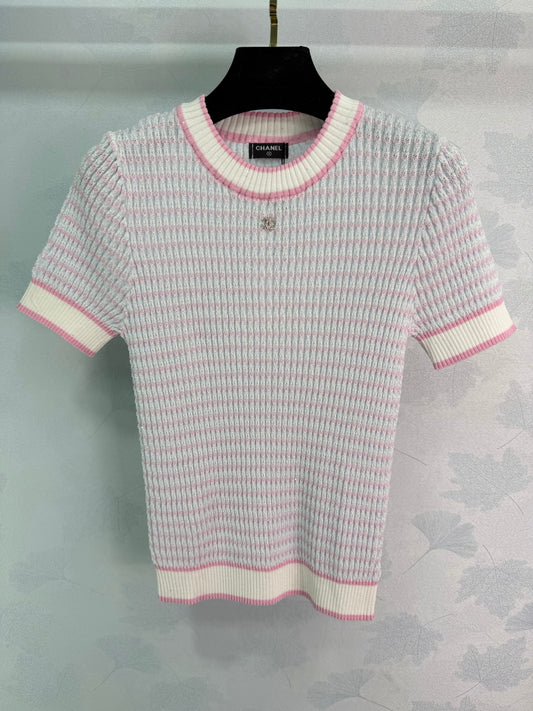 Color-blocked striped knit short-sleeved top