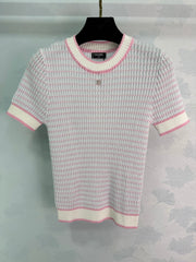 Color-blocked striped knit short-sleeved top