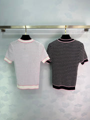 Color-blocked striped knit short-sleeved top