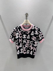 Black and Pink Color-Blocked Knit Short-Sleeve T-Shirt