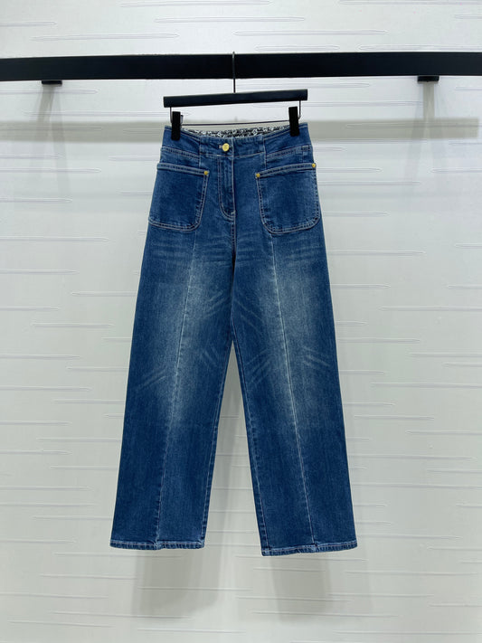 Color-blocked high-waisted straight-leg jeans
