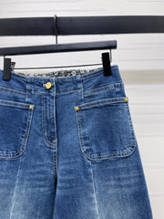 Color-blocked high-waisted straight-leg jeans