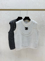 Solid Color Heavy-Duty Beaded Crew Neck Knit Vest