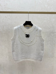 Solid Color Heavy-Duty Beaded Crew Neck Knit Vest