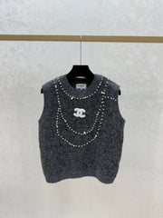 Solid Color Heavy-Duty Beaded Crew Neck Knit Vest