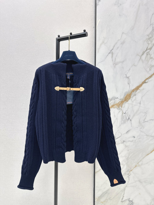 Leather Button-Up Wool Knit Cardigan