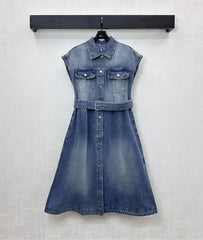 Collared Denim Dress with Belt