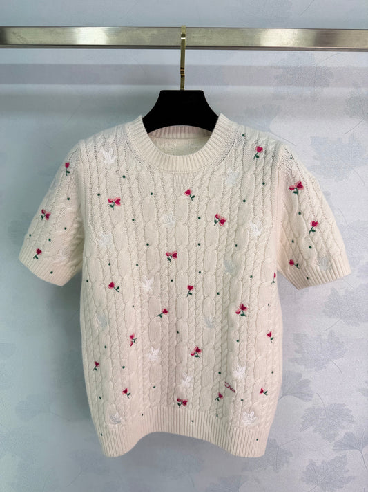 Rose Embroidered Knit Short-Sleeve